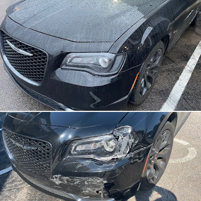 Front end collision damage on a black sedan